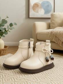 New Kids Bowknot Pendant Boots, Classic Solid Color Fashionable Western Style Girls Short Boots, School Uniform Versatile Boots, Comfortable Lining, Thick Sole, Durable, Suitable For All Seasons
