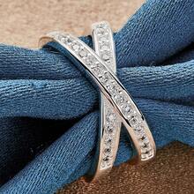 925 纯银锆石戒指，X 形设计，7-10 码，适合男女婚礼派对和日常佩戴时尚珠宝节日礼物/情人节礼物 - 銀色 - 查看 2