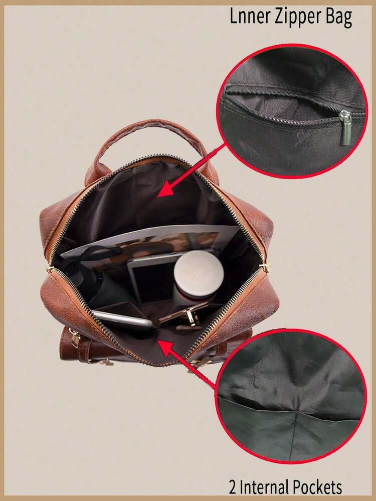 [US-Based Shipping]Halloween And Christmas Bags,Brown Leather Backpack, Fashionable Women's Bag, Extra-Large Capacity Backpack, Minimalist Commuter Bag, Multifunctional Casual Backpack, Zipper Design Backpack, Metal Buckle Decorated Backpack, Urban Style Backpack, Practical Travel Bag, Multipurpose Bag, Minimalist Design, Travel Backpack, Casual Tote Bag, Personal Item Storage, Lightweight And Portable, Professional Accessories - 多色 - 查看 6