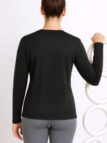 Women's Long Sleeve Crew Neck Workout T-Shirt, Loose Fit Quick Dry Gym Training Top For Running, Yoga, Fitness And Casual Wear - Black - View 5