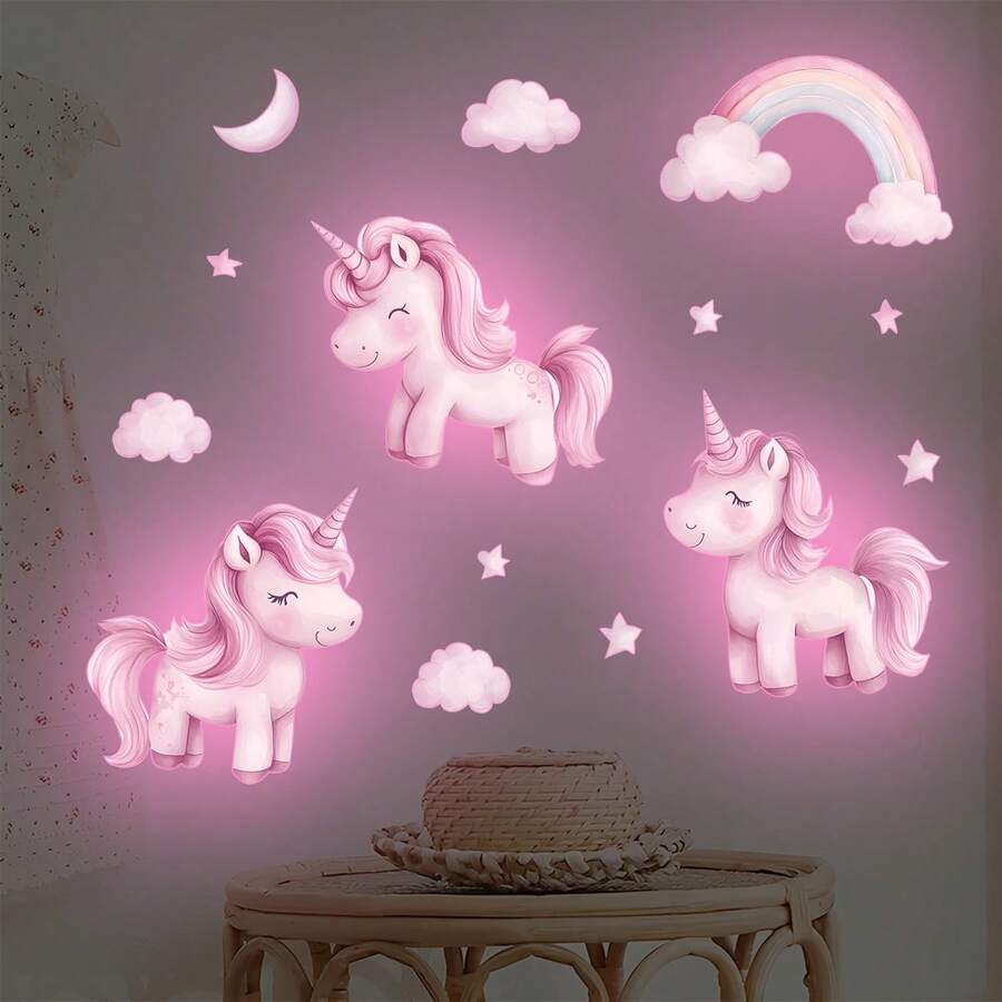 Glow-In-The-Dark Cute Pink Unicorn Wall Sticker, Self-Adhesive Rainbow Cloud Star Wall Decals, Decoration For Kids Room & Nursery Wall Decor Room Decor Wall Stickers Stickers Home Decor
