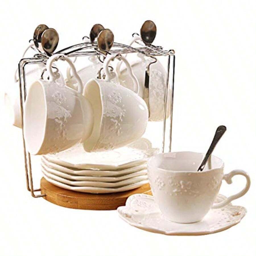 White Porcelain 5OZ Tea Cup And Saucer Coffee Cup Set With Saucer And Spoon Set Of 6 6 Tea Cup Set With Bracket - White - View 1