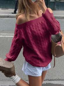 女士秋季露肩毛衣休闲长袖适合生日装、圣诞装和日常穿着 - 酒紅色 - 查看 10