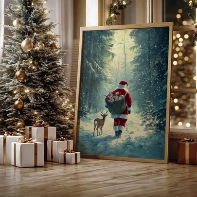 1pc Santa Claus Wall Decor, Vintage Santa Claus Reindeer Print, Christmas Print, Santa Claus Painting, Winter Holiday Decoration, Suitable For Home Decor, Room Decor, Bedroom Decor, Living Room Decoration, Bathroom Decor, Wall Decor, Christmas Decorations For Home, Optional Wall Art With Frame