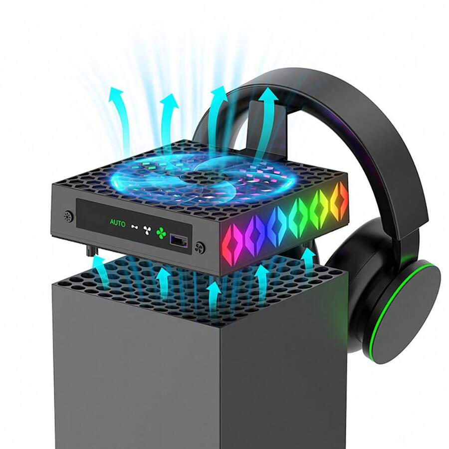 Ventilador de refrigeración ajustable para la consola  Series X. Función de control inteligente de la temperatura. Efecto de iluminación RGB. Radiador con gancho para auriculares. - Negro - Ver 1