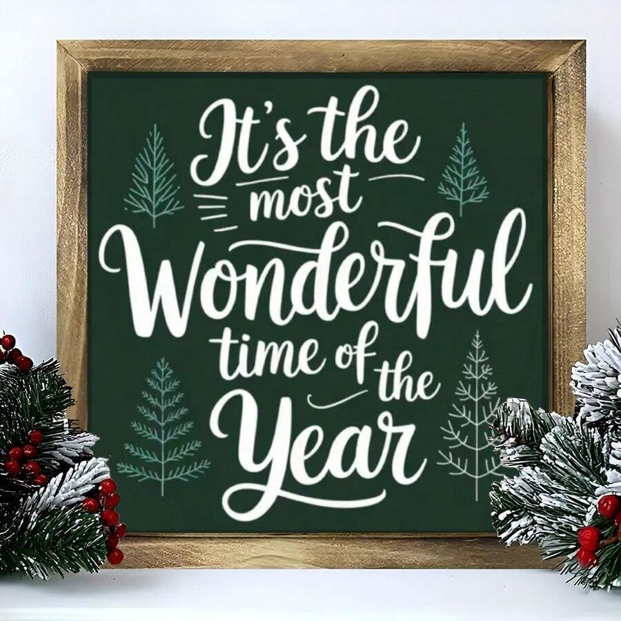 Wall Pediments 1Pc Christmas Wall Art Wood Frame Sign Christmas Holiday Atmosphere, Pine Tree Pattern, Handwritten Calligraphy Style Wall Art Paintings Ideal Gift For Living Room Bedroom Corridor Wall Decor Room Decoration Ready To Hang 8*8inch,2D Flat Christmas Decorations Home Christmas Gifts Christmas Decor