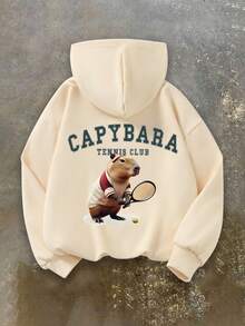 1PC Teen Boy Fun Style Capybara Tennis Print Hooded Sweatshirt, Soft And Comfortable, Spring Autumn Daily School Wear - Apricot - View 3