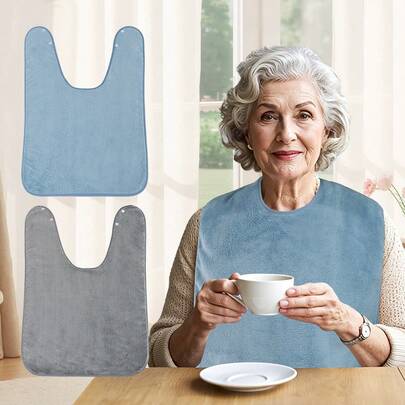 2pcs/Set Adult Bibs, Eat Without Dirtying Clothes, Oil-Proof Apron, Soft Material, Comfortable Fit, Machine Washable Bib, Can Wipe Face, Excellent Choice, Suitable For Hemiplegia Care, Convenient For Feeding, Unisex, Suitable For Middle-Aged And Elderly, Ideal Holiday Gift.