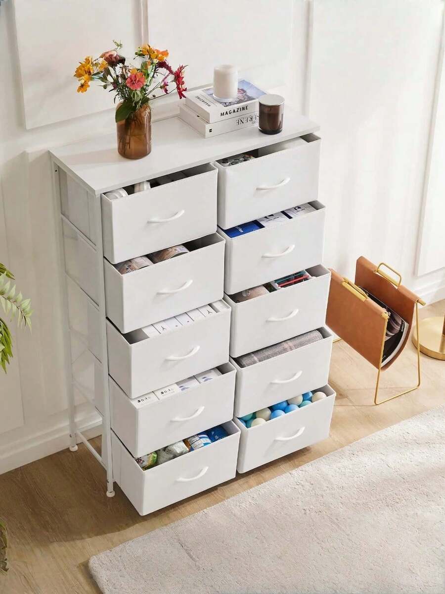 Drawer For Bedroom 30''W X 16''D X 58''H, MDF Freestanding Storage Cabinet With Fabric Bins, White, Easy-Clean Heavy-Duty Organizer For Clothes 1 Piece ﻿ - 白色 - 查看 1