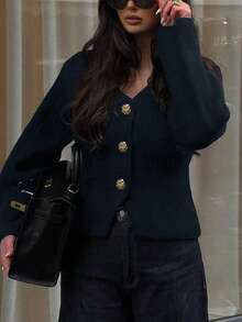 Áo khoác cardigan nữ dáng ôm, màu trơn, cổ chữ V, vai rớt, cài cúc kim loại, xẻ tà, tay dài, chất liệu dệt kim, thích hợp mặc ngoài vào mùa xuân/hè/thu. - Màu xanh hải quân - Xem 4