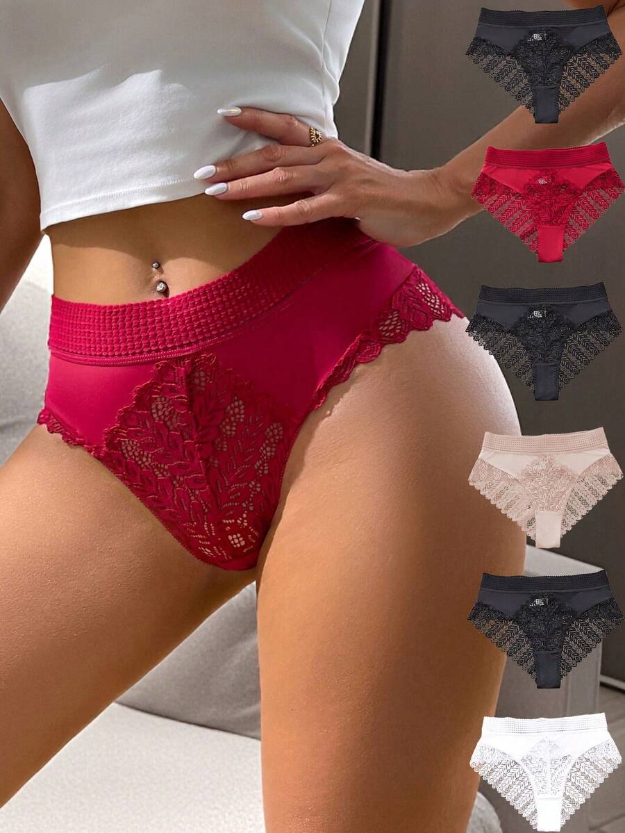 6pcs Ladies High Quality European & American Style Sexy Seamless Breathable Lace Patchwork Panties, Elegant & Cute Fairy-Like
