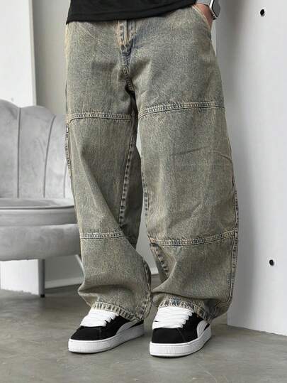 Herren Patchwork Loose Distressed Gerade Bein Jeans, Vintage Washed Lässig Street Y2K Jeans Hose, Ganzjährig