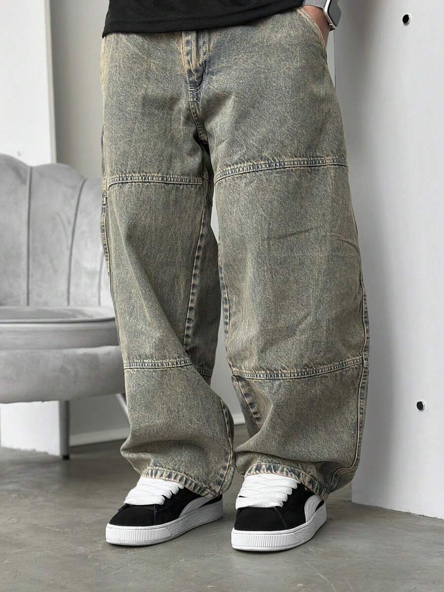 Calça Jeans Masculina Reta Solta Desgastada com Remendos, Calça Jeans Casual Vintage Lavada Estilo Rua Y2K, Todas as Estações - Marrom - Visão 1