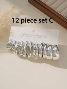 12-36pcs/Set Fashionable Silver Teardrop & C-Shaped Textured Earrings, Classic Styles For Women, Suitable For Year-Round Wear
