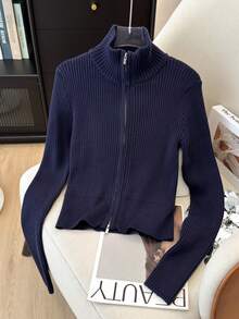 CMC Casual Solid Color Polyester Ribbed Zip-Up Cardigan, Suitable For Vacation, Office, Home, Travel, Spring/Autumn/Winter