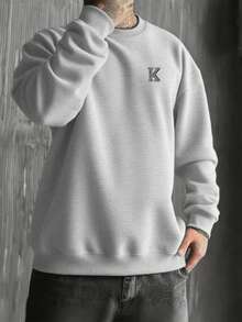 Men's Casual Versatile Grey Letter Graphic Print Crew Neck Sweatshirt, Suitable As Gift For Husband, Boyfriend, Friend - Grey - View 3