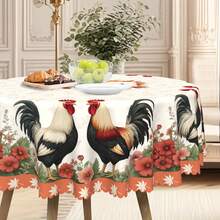 Față de masă vintage cu cocoș, stil rustic, rotundă/dreptunghiulară, imprimeu cu cocoș și flori, potrivită pentru bucătărie, sufragerie, terasă, picnic, curte, utilizare în interior/exterior, cadou pentru familie și prieteni, dimensiuni multiple, 2 opțiuni de design