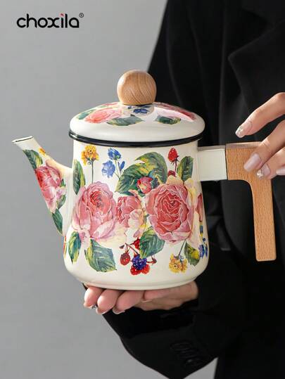 إبريق شاي واحد مطلي بالمينا الوردية، غلاية، إبريق شاي كبير السعة، مناسب لمواقد الغاز ومواقد الحث، إبريق شاي مينا مزخرف متعدد الاستخدامات