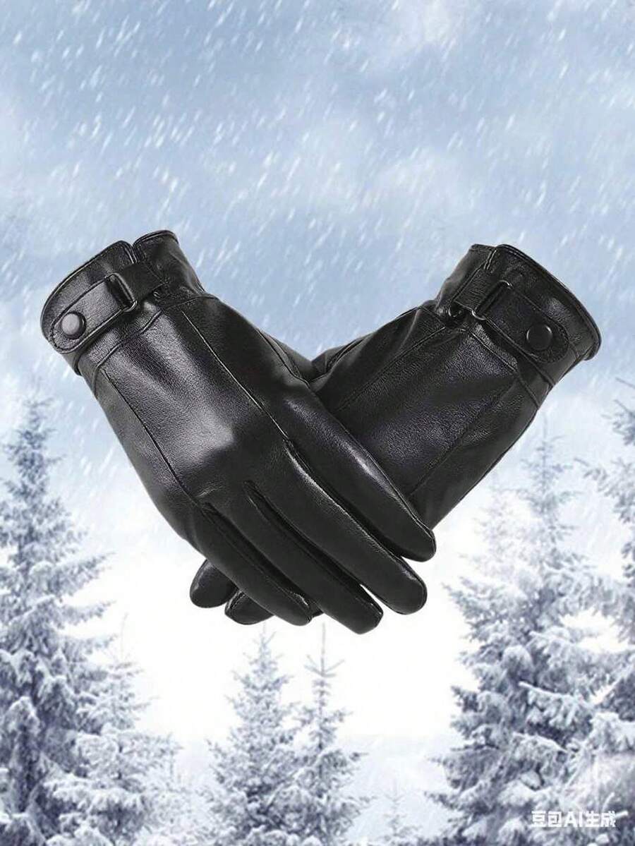 1pc Unisex Touch Screen Leather Gloves, Warm, Waterproof, Windproof, Thermal Lined, Suitable For Outdoor, Motorcycle Riding, Winter - Black - View 1