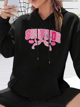 Coquette Breast Cancer Survivor Bow, October We Wear Pink Hooded Sweatshirt Womens Hoodies,Soft Warm Shirts,Classic Hoodie,Pullover Hoodie