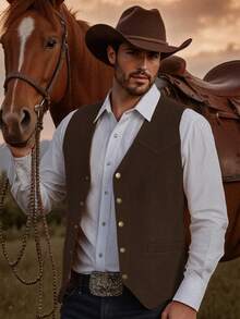 Retro Men's Western Cowboy Suit Vest Slim Fit V Neck Suede Leather Dress Vests Vintage Prom Wedding Casual Waistcoat