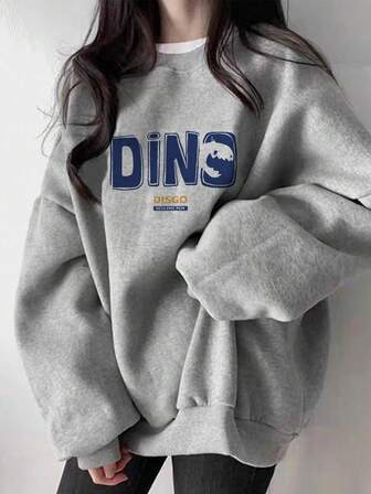 Women's Casual Loose Fit Cotton Sweatshirt With Japanese Letter Print, Versatile For Autumn/Winter