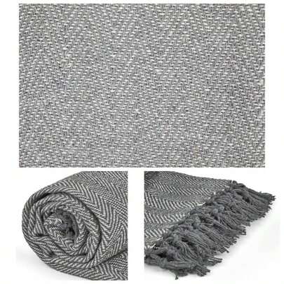 Herringbone - Cotton Patterned Chair Sofa Setee Bed Throw Over Blanket In Natural - 50x60 127x152cm