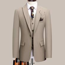 The Latest Men's Solid Color Suit Two-Piece Set With Lapel Collar And Double Breasted Buttons For Four Seasons, Men's Business Suit, Formal Business Casual Wedding Dress - Màu Khaki - Xem 5