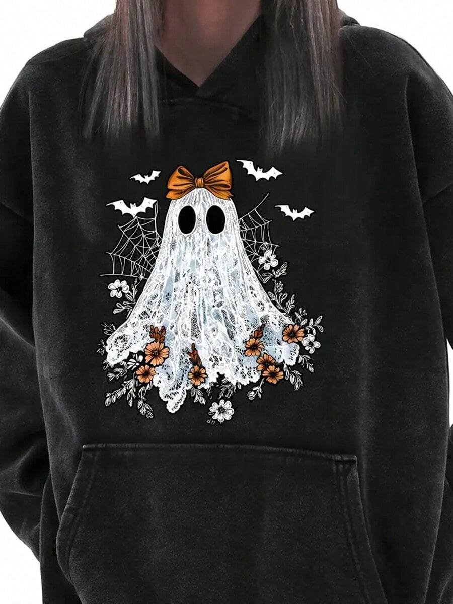 Women'S Halloween Hoodie - Cute Ghostly Design With Bows & Flowers, Long Sleeve Washed Pullover, Casual Black Sweatshirt For Fall, Halloween Clothing | Playful Graphic Hoodie | Durable Casualwear,Fall Hoodies,Men's Fall Clothes,Street Wear,Halloween,Mens Hoodies,Y2k Clothes,Jesus Hoodie,Thanksgiving Day,Nightmare Before Christmas,Christmas - màu đen - Xem 1