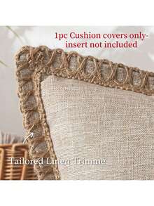 1pc (Pillow Insert Not Included) Linen-Look Rope Edging Throw Pillow Cover,Farmhouse Style Suitable For Living Room, Bedroom, Dining Room, Patio, Wedding Decor, Home Use, For All Seasons - Beige - View 3