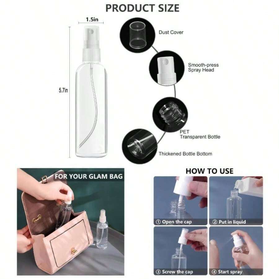 4 Pack 3.4 Oz 100ml Small Spray Bottles, TSA Approved Travel Bottles Toiletries With Labels - Fine Mist, Refillable, Reusable, Leak Proof