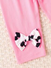 Baby Girls' Fashionable Casual Cute Leopard Print Bow Decor Round Neck Flare Sleeve Long Sleeve Top And Pink Pants With Headband Set, Spring/Autumn - Multicolor - View 9