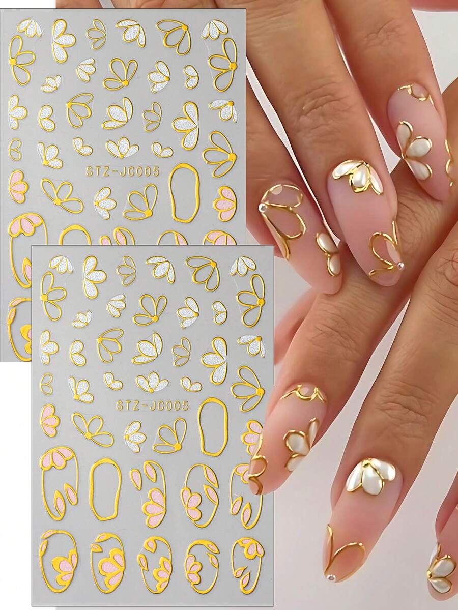 2pcs Orchid Camellia Cherry Blossoms Flower Bronzing Nail Sticker French Metal Ring Floral Wedding Style Self-Adhesive Spring Summer Nail Decals Supplies Nails - Multicolor - View 1