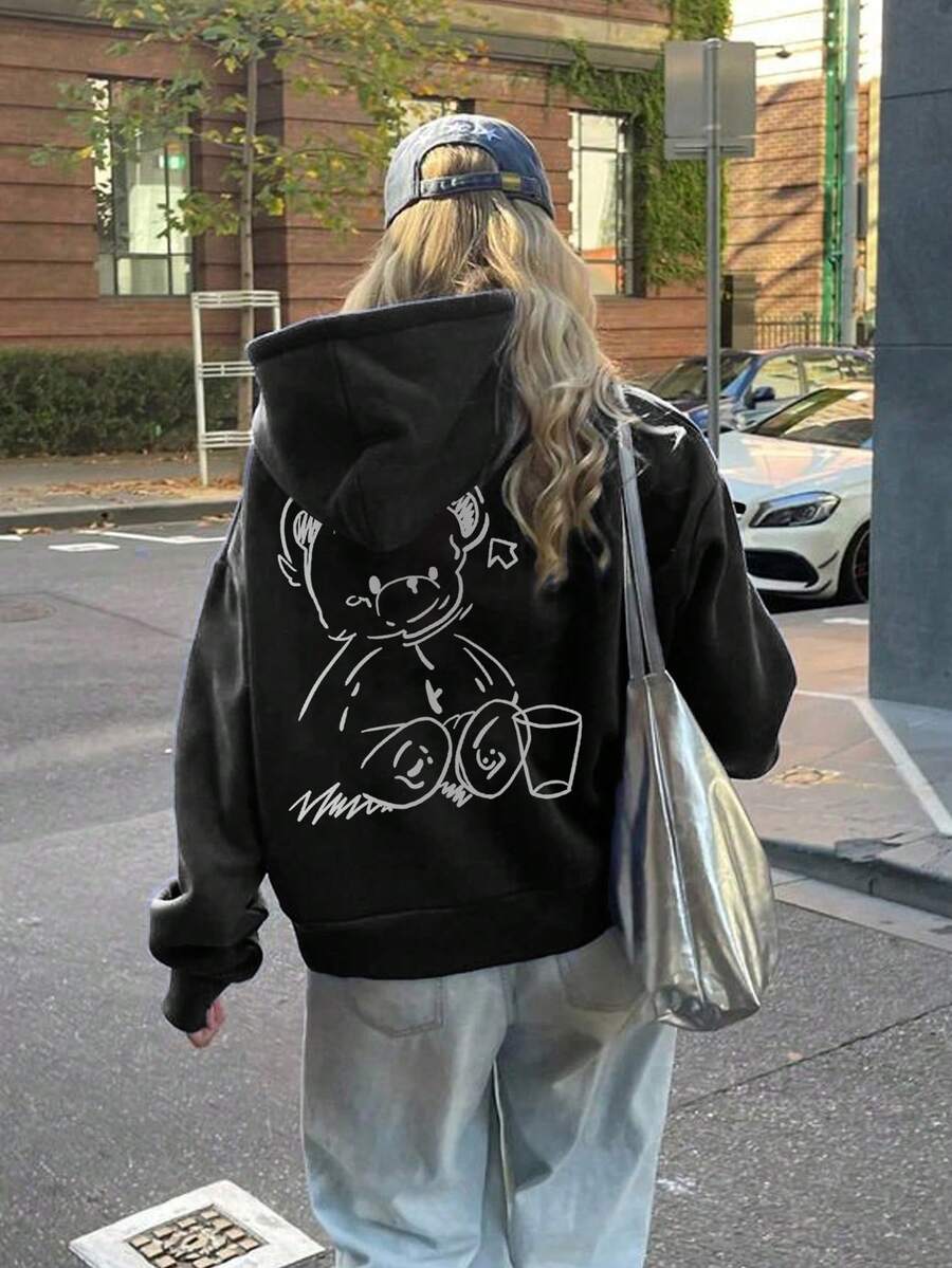 少女休闲印花保暖内衬卫衣，秋季款 - 黑色 - 查看 1