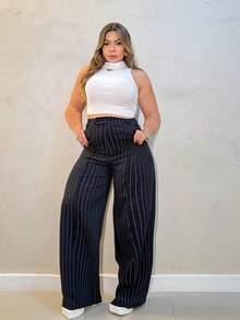 A&DD MODA, REF: H928(PLUS SIZE)Women's Striped Pants, High Waist Pants, Casual Straight Pants, Wide Leg Pants, Elegant Casual Look, Everyday Pants, Modern Style, Women's Striped Pants, Comfortable And Sophisticated Look, Work Pants, Uncomplicated Look, Lightweight Fabric Pants, Comfortable Women's Pants - 黑色 - 查看 3