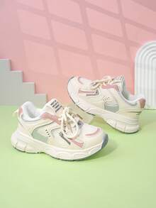 春秋儿童运动鞋，儿童网眼鞋，女童校鞋网眼拼接，拼色设计厚底厚底运动鞋，舒适百搭（鞋垫图案、网眼鞋面形状随机）建议订购大一码。 - 淺粉色 - 查看 6