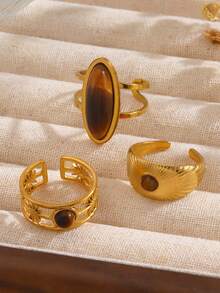 1/3pcs Stainless Steel 18K Gold Plated Minimalist Geometric Tiger Eye Stone Rings, Suitable For Women's Daily And Party Wear