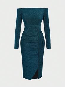 优雅正式派对亮片连衣裙，露肩，束腰，开衩，绿色中长连衣裙 - 墨綠色 - 查看 2