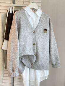 JIANHU V-Neck Knit Cardigan With Hedgehog Embroidery Decor - Comfortable Button-Up Sweater, Suitable For Christmas And Holiday Wear - Beige - View 5