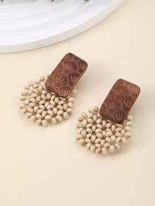 1 Cặp Hoa tai đinh tán bằng gỗ tối giản thủ công với họa tiết quạt cổ điển chạm khắc, thích hợp cho kỳ nghỉ, tiệc tùng và đeo hàng ngày - Màu Khaki - Xem 7