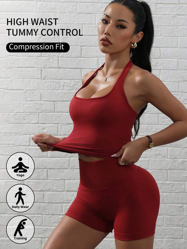 2 piezas Conjunto de entrenamiento para mujer color borgoña - Hombros descubiertos y espalda descubierta, estilizador con control de abdomen, levanta glúteos y da forma a las piernas, para yoga, fitness y actividades al aire libre