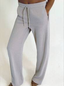 Pantalones de punto casuales de unicolor con cordón en la cintura, versátiles para otoño/invierno