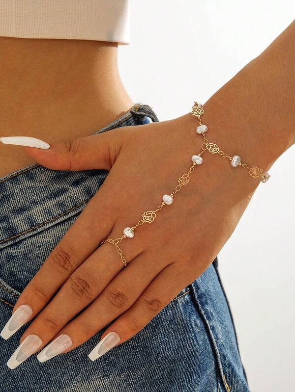 1pc Fashionable & Versatile Minimalist Vintage Coin & Faux Pearl Flower Decor Elegant Lady's Full Finger Bracelet, Suitable For Any Occasion, Daily Commute, Matching [Pearl Size & Quantity Random]