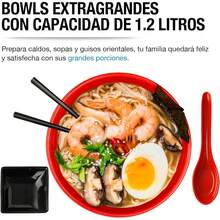 Vajilla de Melamina Japonesa (4 personas).Incluye: plato hondo de 1.2 litros, palillos reutilizables, salsera y cucharas (16 piezas), adecuado para platos chinos, asiáticos y ramen, irrompible y duradero. - 1 - Ver 7