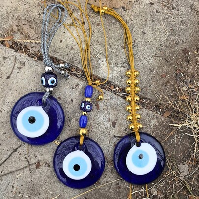 Large Colorful Beaded Blue Eye Pendant - Turkish Style Evil Eye Wall Decor - Unique Home Decoration For Bohemian And Mediterranean Aesthetic