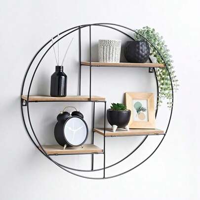 Biznest 50cm Black Metal Circle Wooden Shelf Decorative Wall Mounted Shelf For Love One'S (50X50Cm)