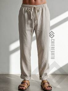 Men's Beige Linen Pants Beach Adjustable Drawstring Baggy Trousers Straight Casual Streetwear Balloon Bag Everyday - Màu be - Xem 3