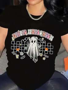 Camiseta Gráfica de Halloween, Patrón Geométrico Vívido de Halloween, Adecuada para Halloween, Camiseta de Manga Corta Casual de Calle, Adecuada para Fiestas, Reuniones, Cumpleaños, Ropa de Mujer - Morado Violeta - Ver 1