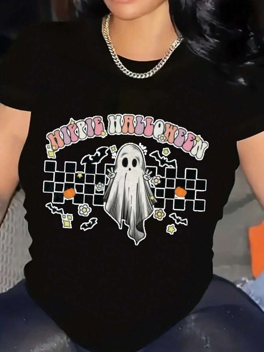 Camiseta Gráfica de Halloween, Patrón Geométrico Vívido de Halloween, Adecuada para Halloween, Camiseta de Manga Corta Casual de Calle, Adecuada para Fiestas, Reuniones, Cumpleaños, Ropa de Mujer - Morado Violeta - Ver 1