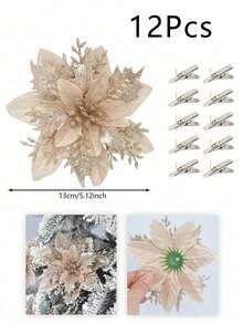 6/12/18/24PCS Christmas Artificial Flower Heads Sparkling Christmas Flowers For Home Weddings Parties Christmas Trees Garlands DIY Holiday Decoration Home Decor Christmas Decorations Room Decor